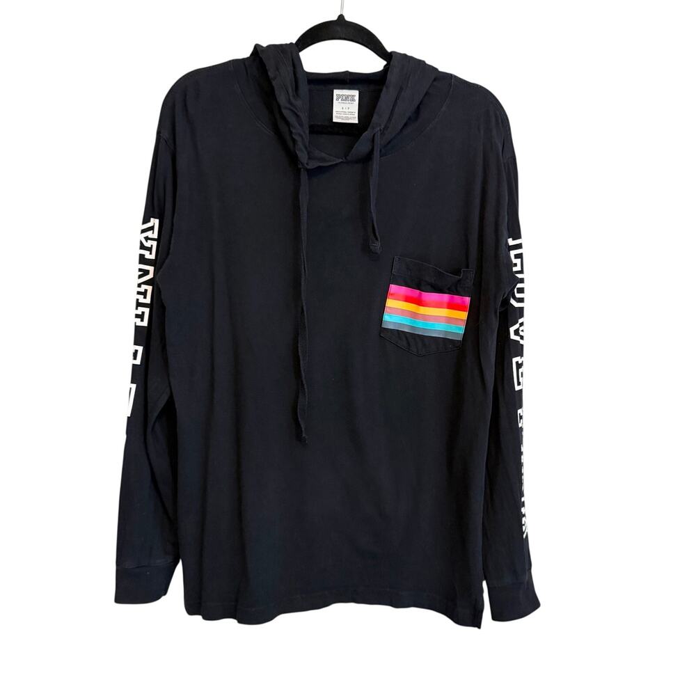 PINK Victoria's Secret Womens Hooded Graphic Top Small Black Rainbow Pocket Y2K